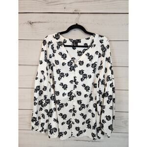 Lane Bryant Women's White Black Floral Print V-Neck‎ Long Sleeve Blouse Size 16
